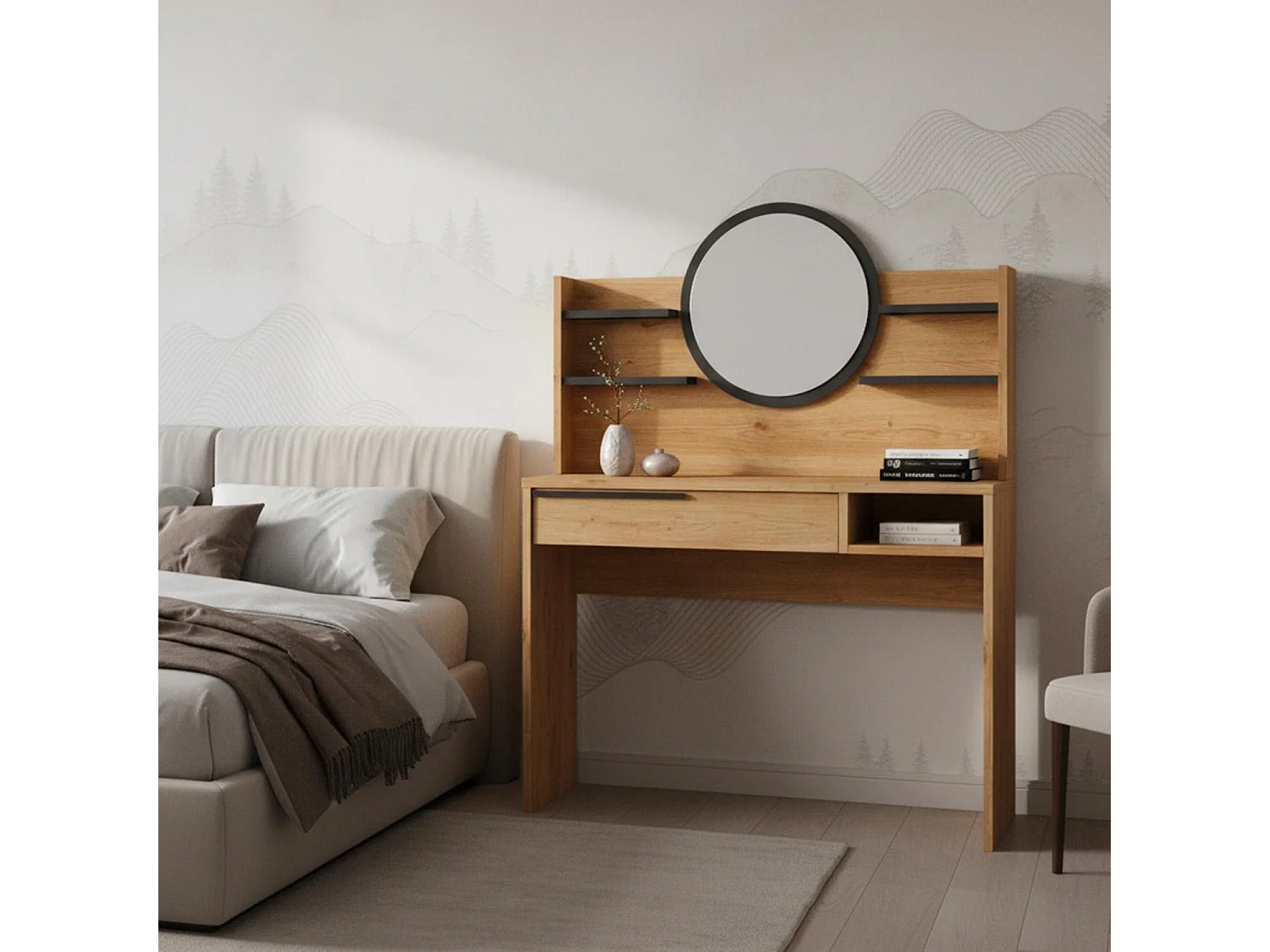 Coiffeuse à tiroir L100cm avec étagères et miroir rond Onara Bois et Gris