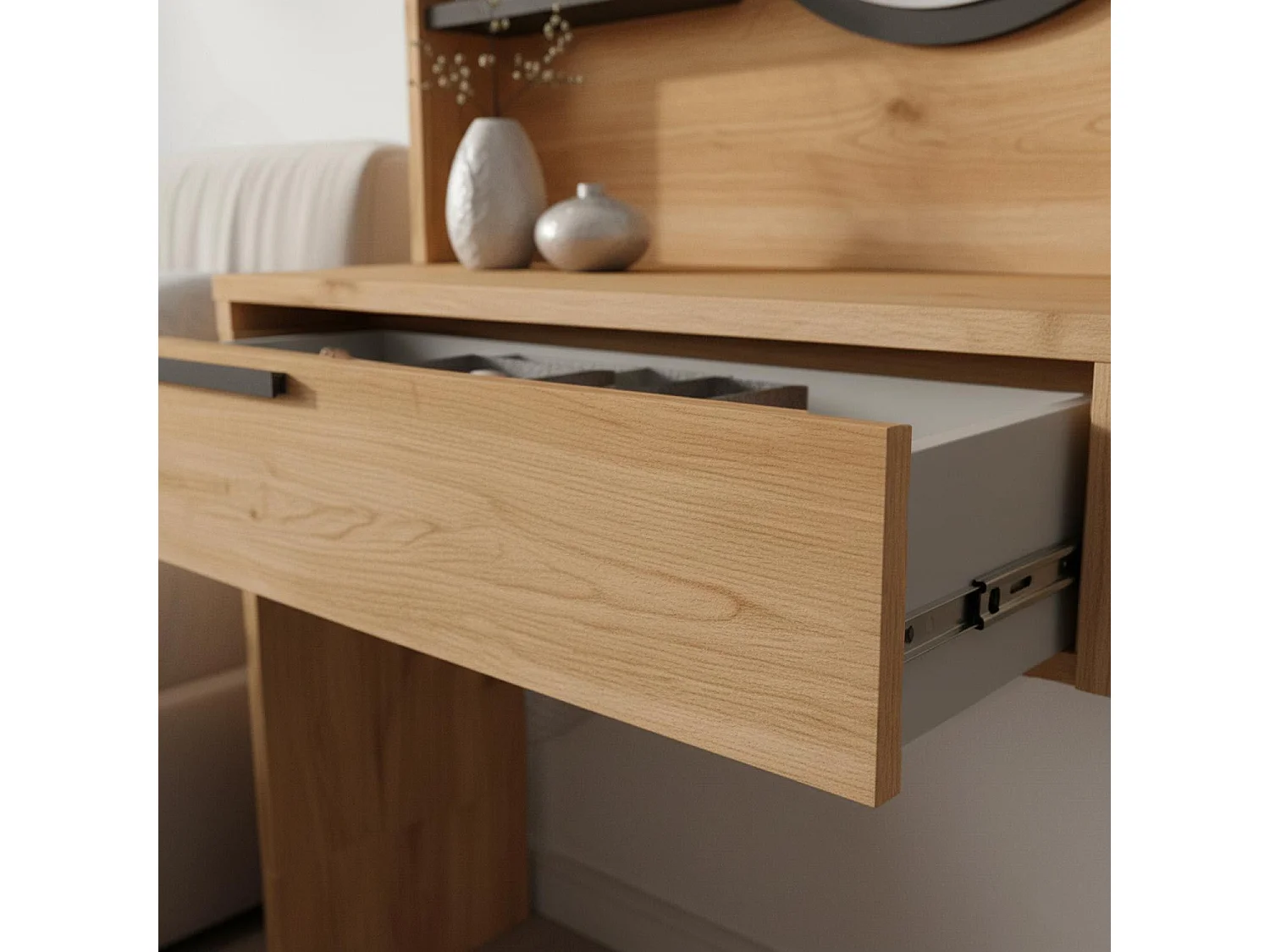 Coiffeuse à tiroir L100cm avec étagères et miroir rond Onara Bois et Gris