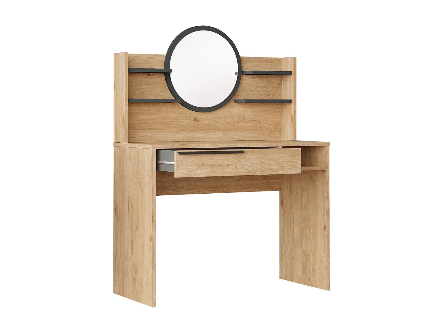 Coiffeuse à tiroir L100cm avec étagères et miroir rond Onara Bois et Gris