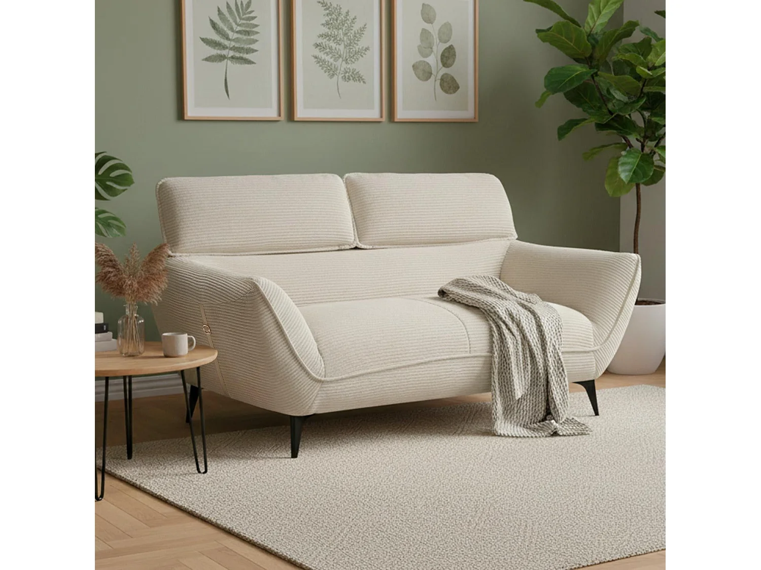 Canapé 2 places moderne avec dossier réglable Ghislain Velours côtelé Crème