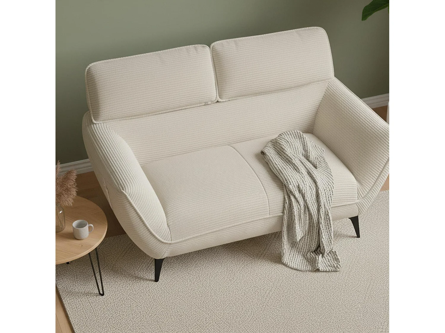 Canapé 2 places moderne avec dossier réglable Ghislain Velours côtelé Crème