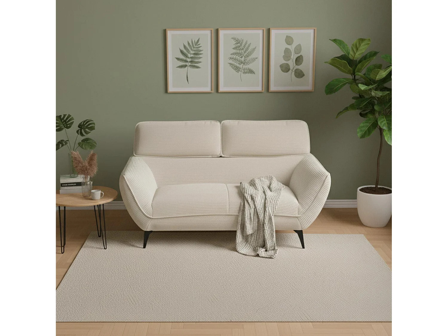 Canapé 2 places moderne avec dossier réglable Ghislain Velours côtelé Crème