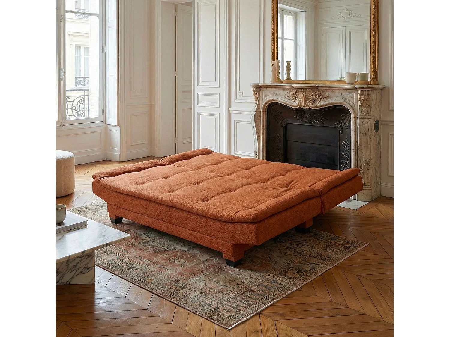 Canapé convertible 3 places Lefkada Tissu texturé Orange terracotta