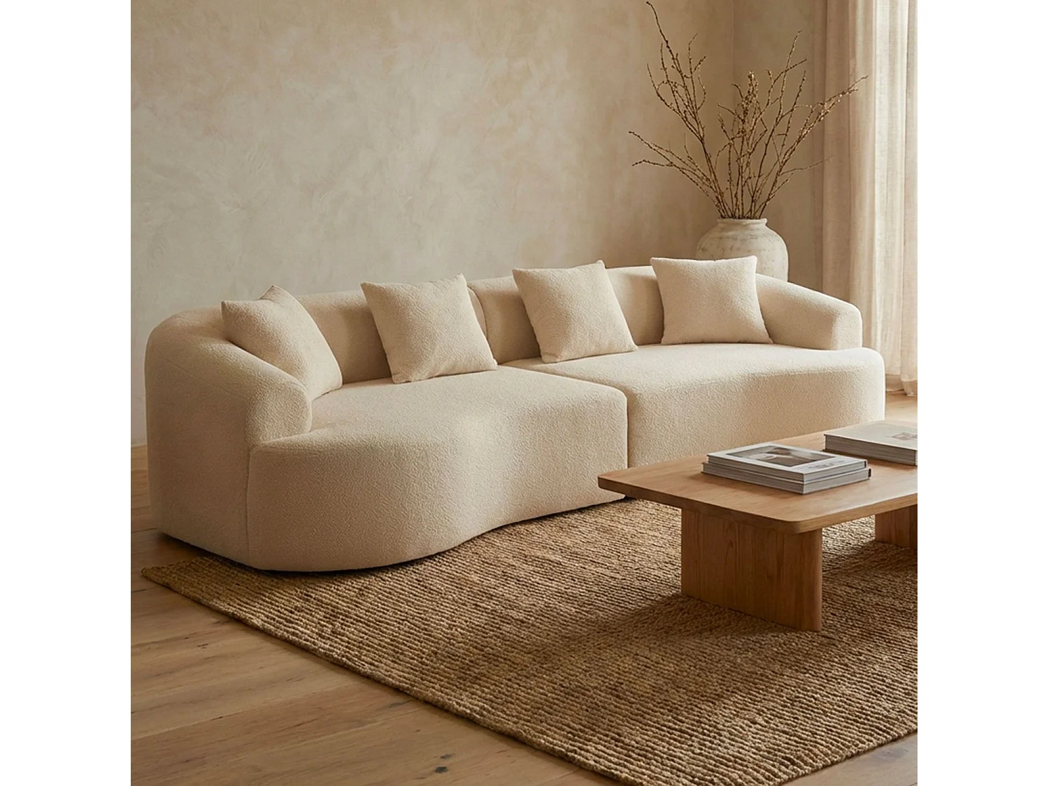 Grand canapé incurvé 5 places Harmonia Tissu teddy Beige