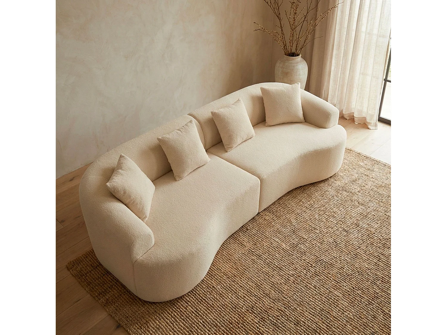 Grand canapé incurvé 5 places Harmonia Tissu teddy Beige
