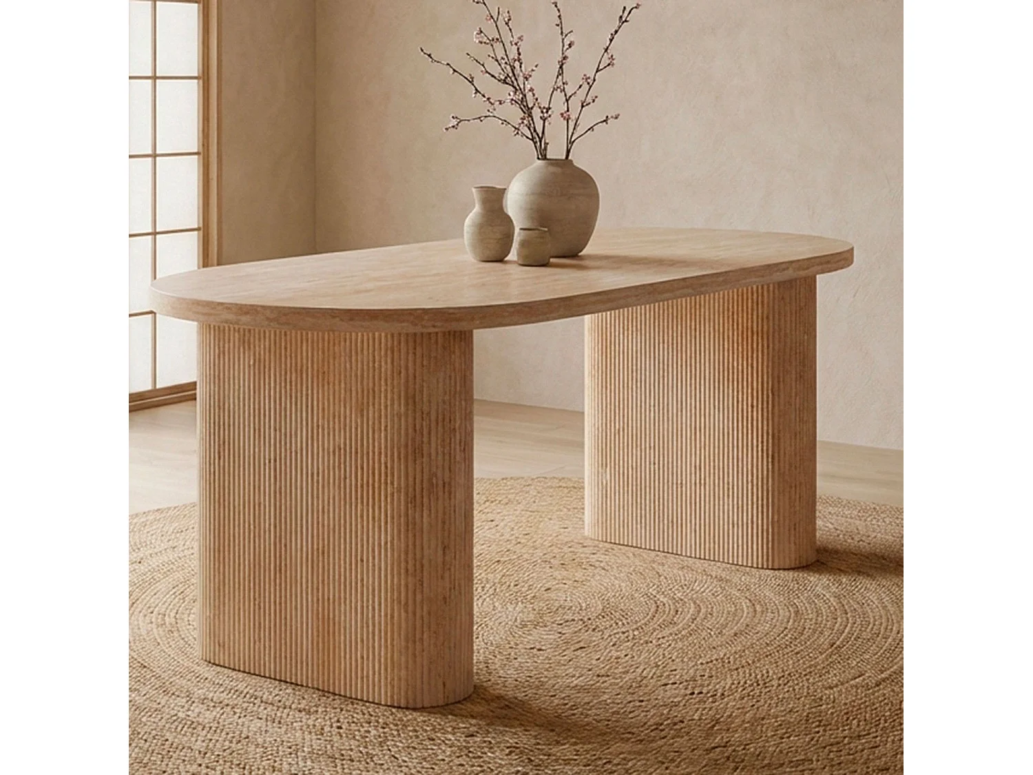 Table ovale Burundi avec pieds design style colonnes Effet travertin Beige
