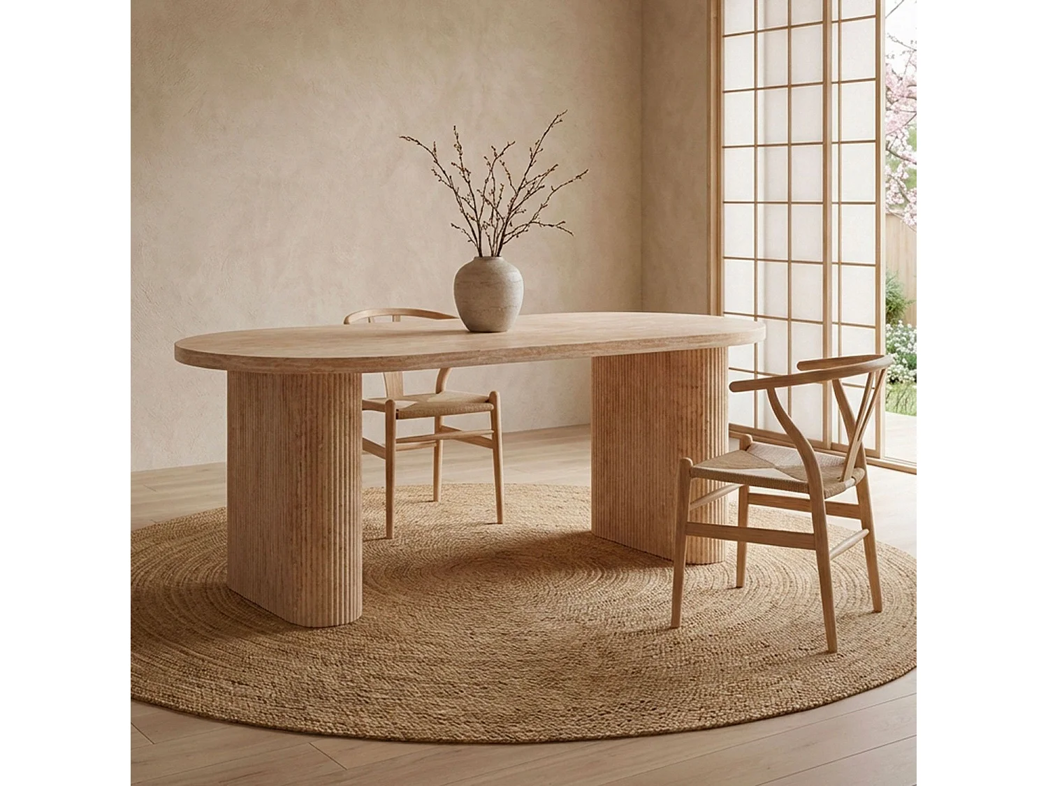 Table ovale Burundi avec pieds design style colonnes Effet travertin Beige