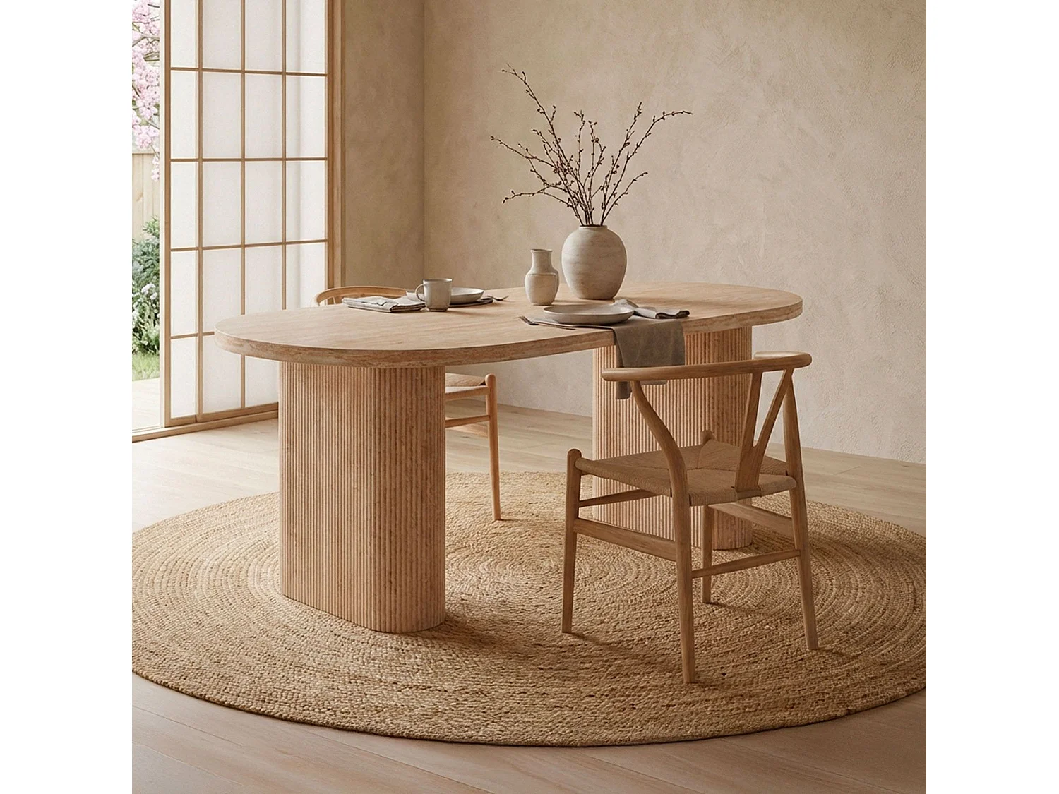 Table ovale Burundi avec pieds design style colonnes Effet travertin Beige