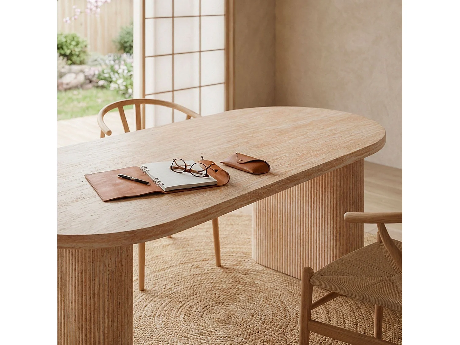 Table ovale Burundi avec pieds design style colonnes Effet travertin Beige