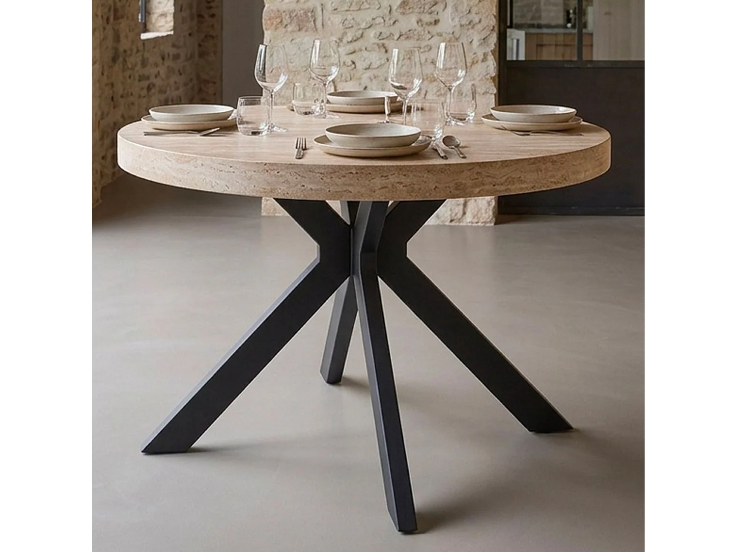 Table ronde extensible 110-260cm Myriade Effet travertin Beige et Noir