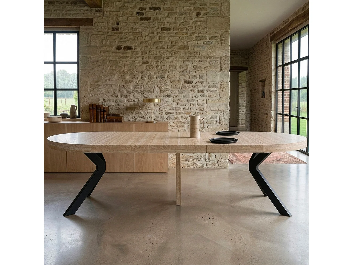 Table ronde extensible 110-260cm Myriade Effet travertin Beige et Noir