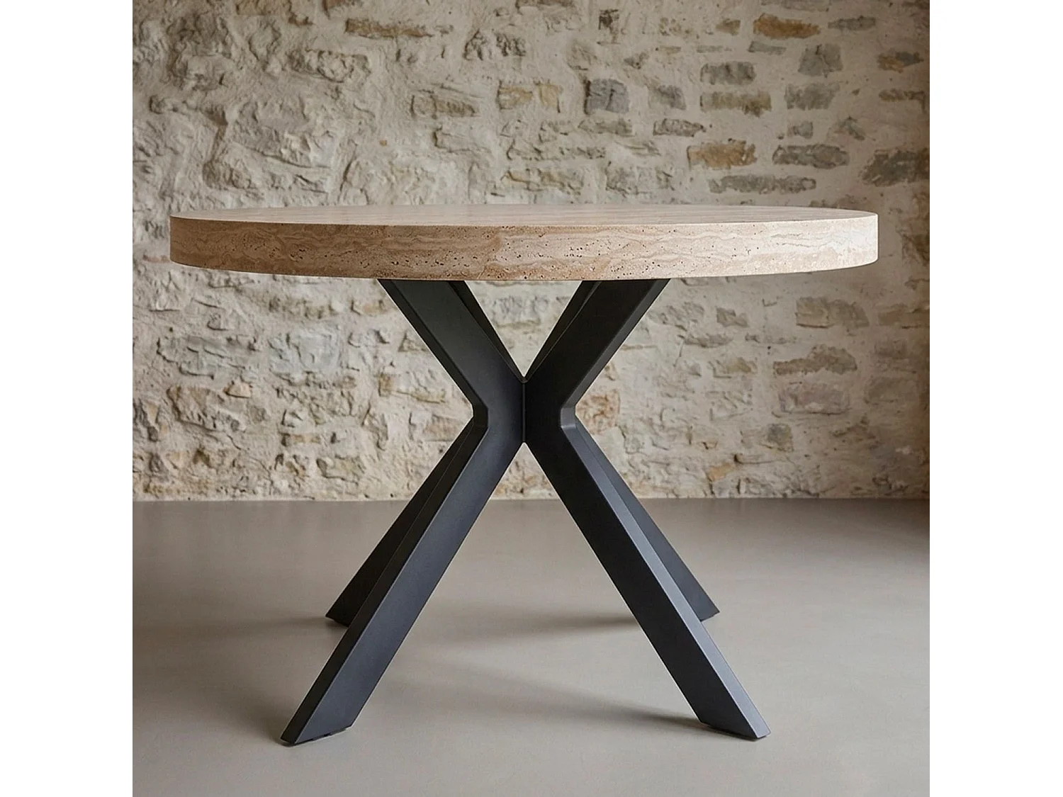 Table ronde extensible 110-260cm Myriade Effet travertin Beige et Noir