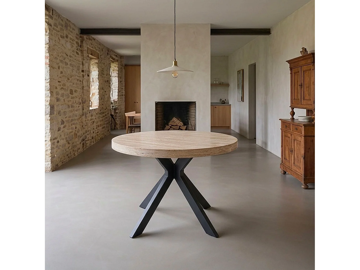 Table ronde extensible 110-260cm Myriade Effet travertin Beige et Noir