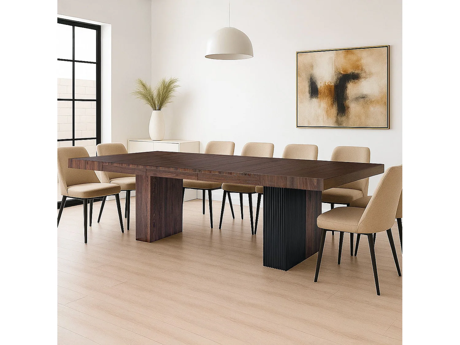 Table rectangulaire extensible Virzon 100-240cm Bois noisette et rainurage Noir