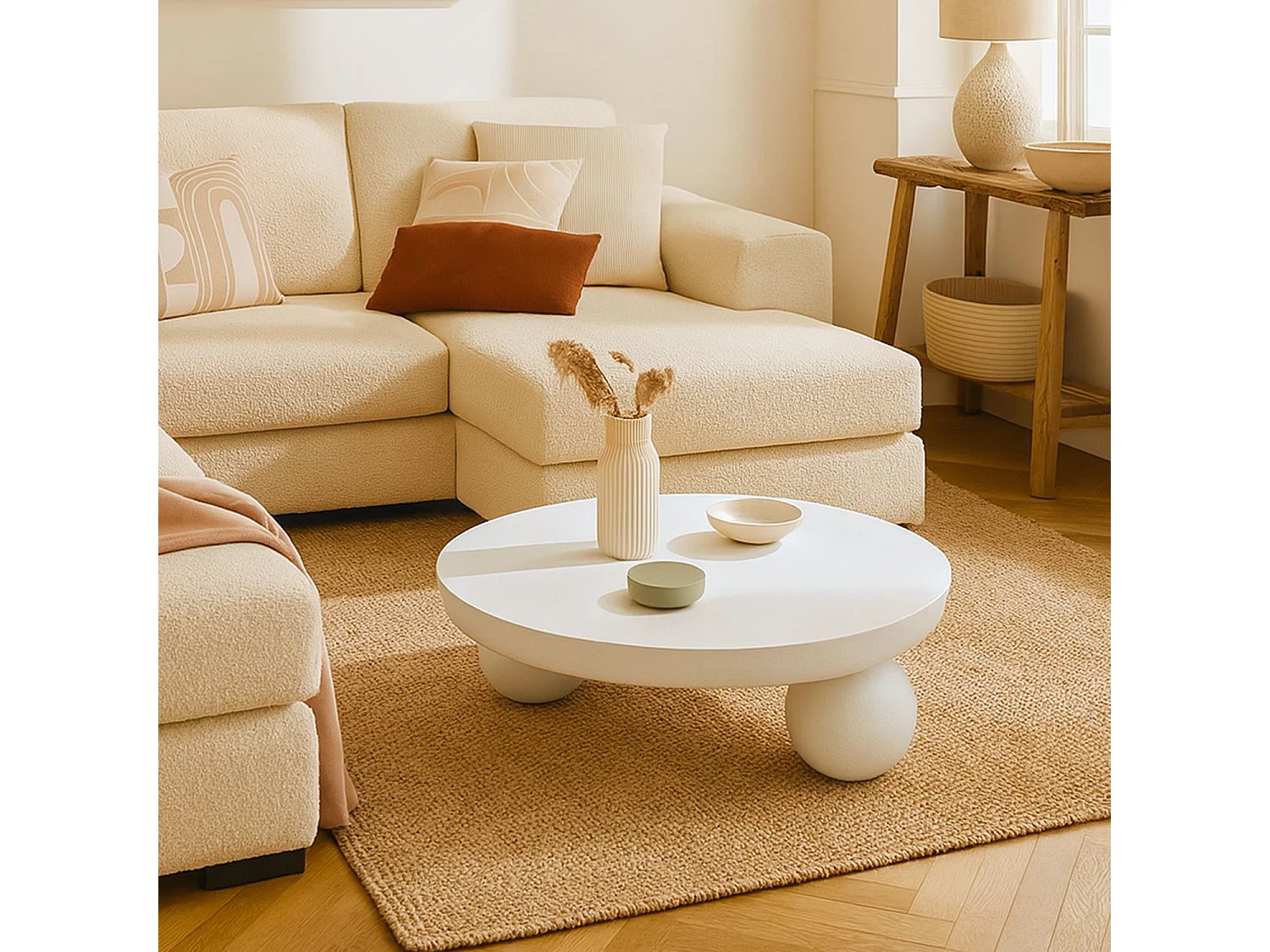 Table basse contemporaine design rond Bonnie L100cm texture minérale Blanc