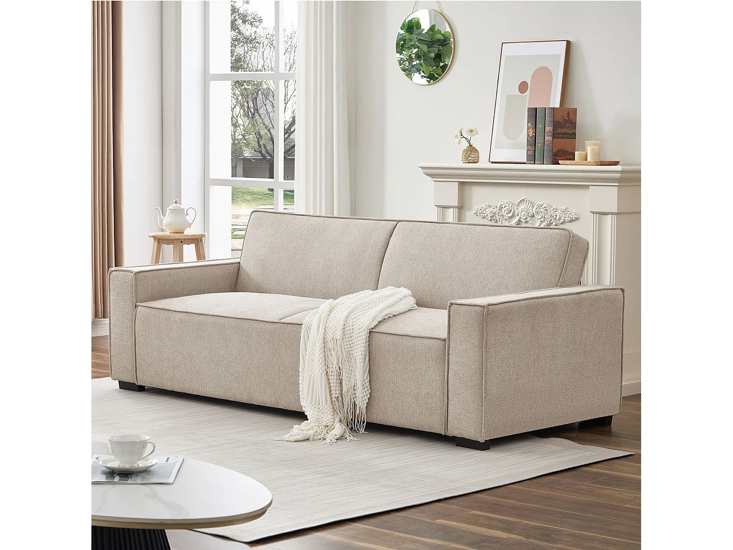 Canapé convertible clic-clac 3 places Pikado Tissu effet lin Taupe clair