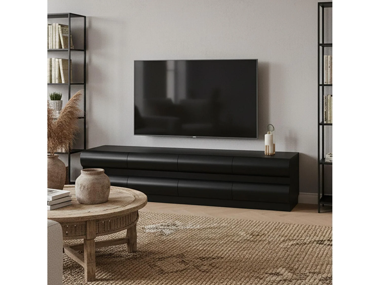 Meuble tv 8 tiroirs arrondis Mezade Bois Noir
