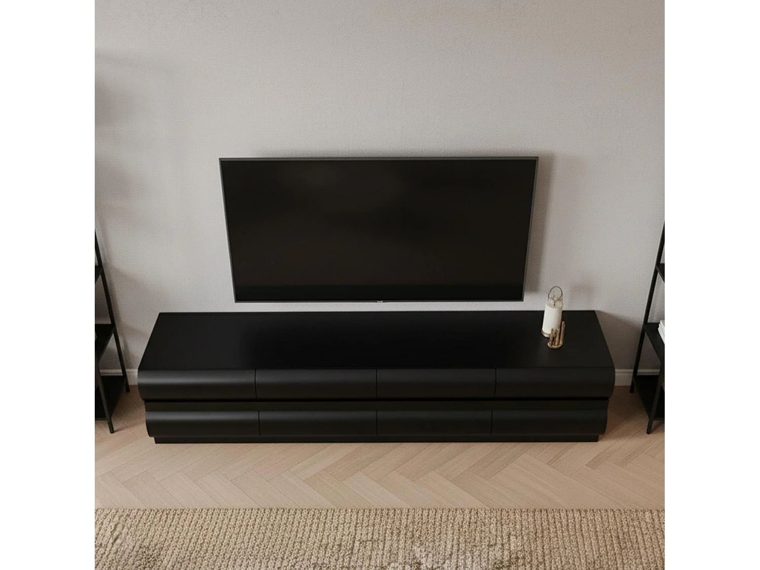 Meuble tv 8 tiroirs arrondis Mezade Bois Noir