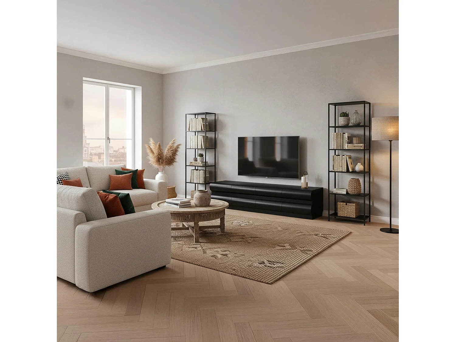 Meuble tv 8 tiroirs arrondis Mezade Bois Noir