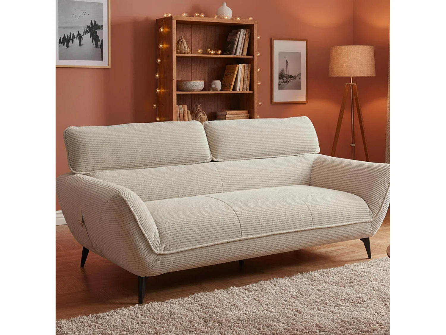 Canapé 3 places moderne avec dossier réglable Ghislain Velours côtelé Crème