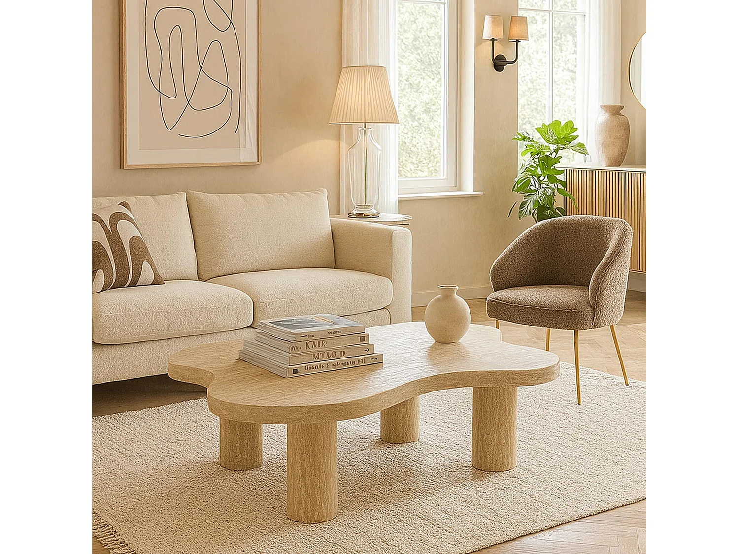 Table basse forme nuage 69x100cm Lagoon Effet Travertin Beige