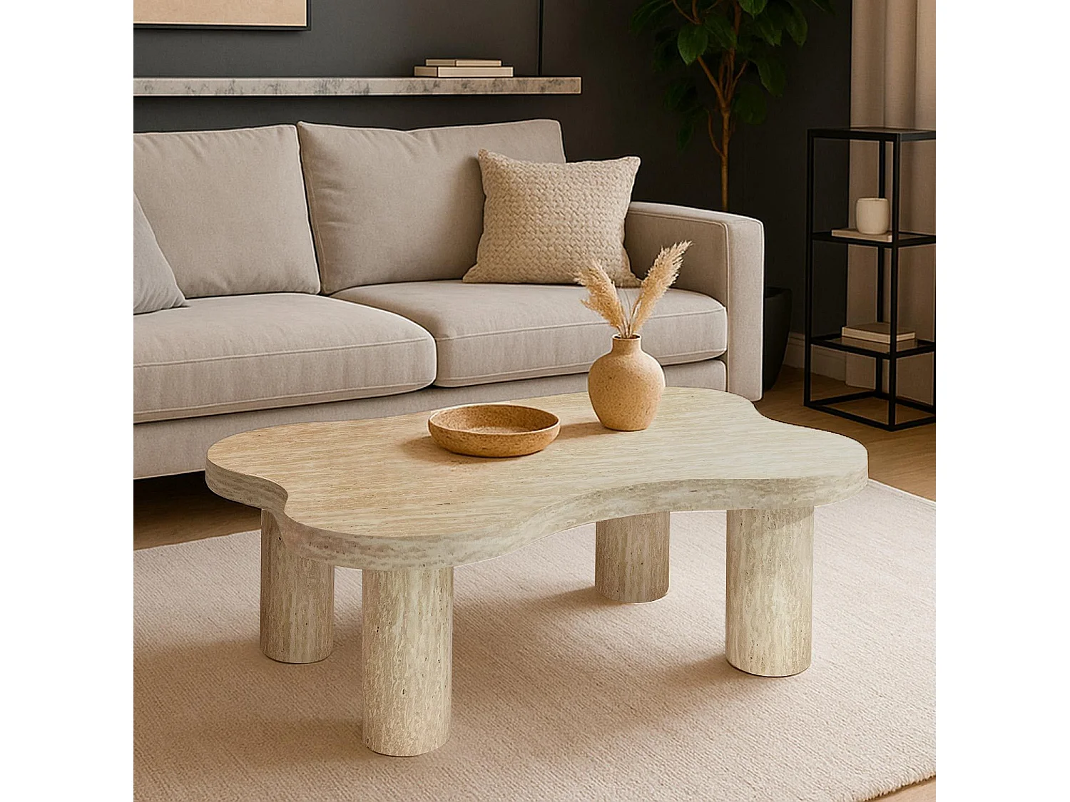 Table basse forme nuage 69x100cm Lagoon Effet Travertin Beige