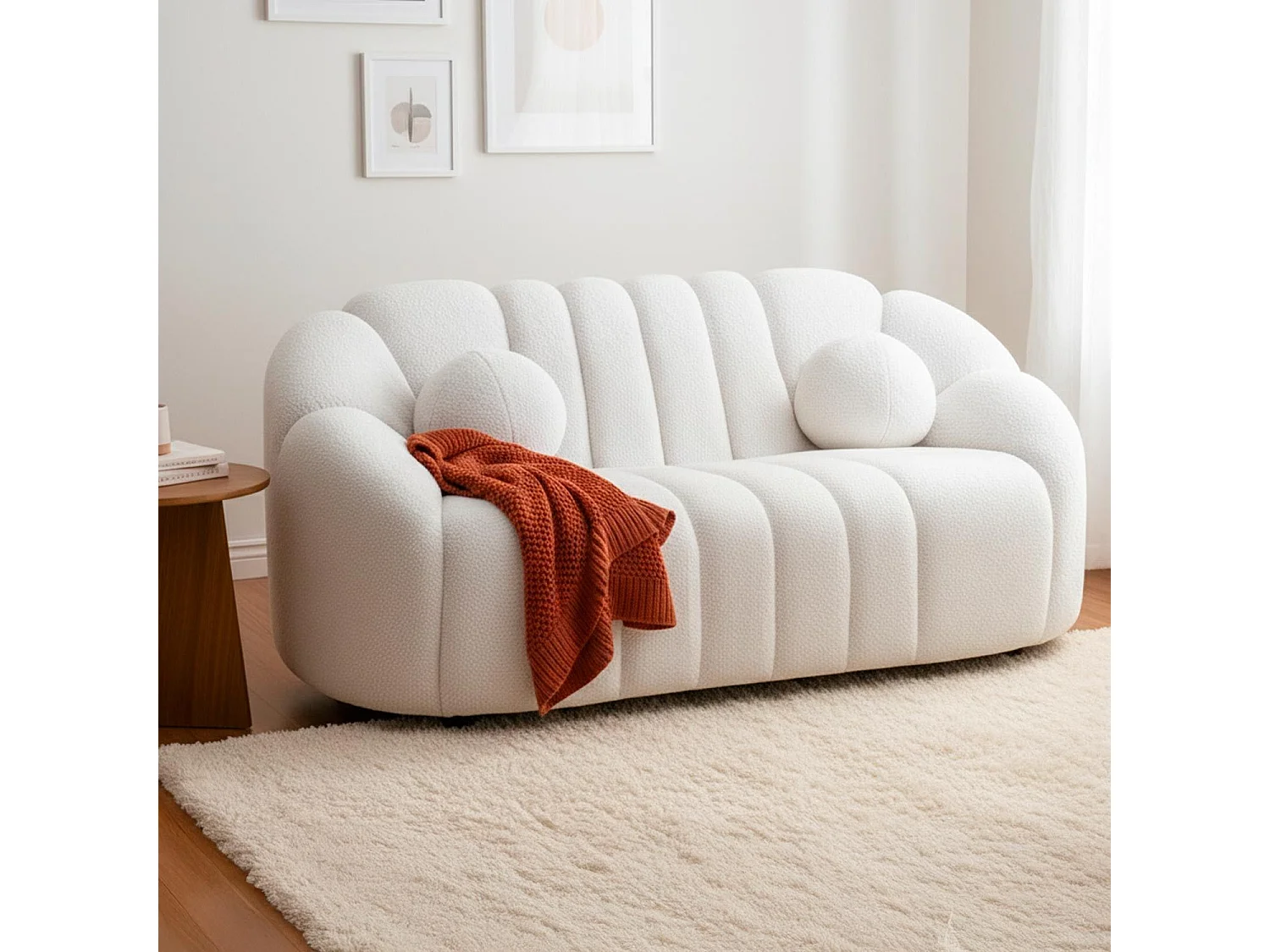 Canapé 2 places design Sidonie Tissu bouclette Blanc