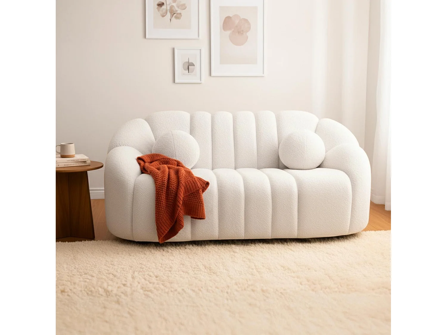 Canapé 2 places design Sidonie Tissu bouclette Blanc