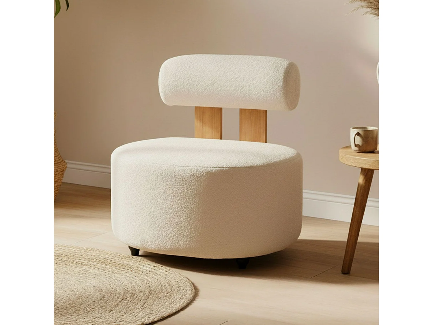 Fauteuil design Canelo Bois clair et Tissu bouclette Crème