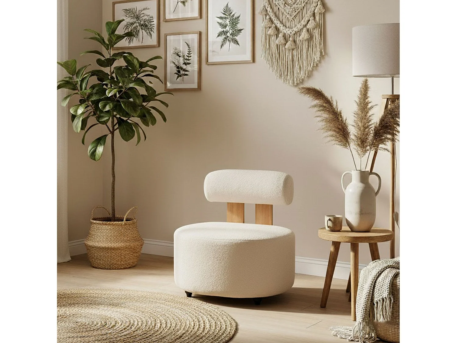 Fauteuil design Canelo Bois clair et Tissu bouclette Crème
