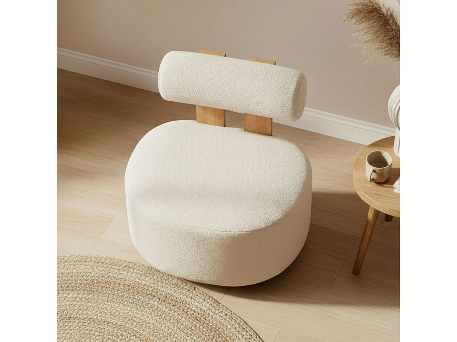 Fauteuil design Canelo Bois clair et Tissu bouclette Crème