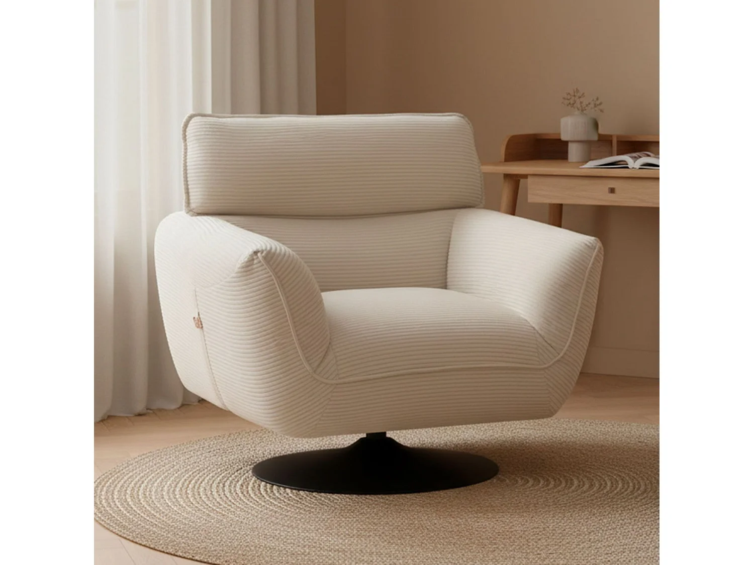 Fauteuil pivotant moderne avec dossier réglable Ghislain Velours côtelé Crème