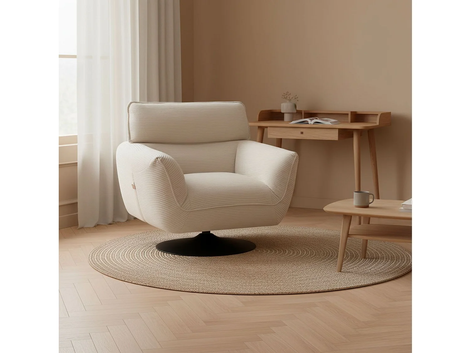 Fauteuil pivotant moderne avec dossier réglable Ghislain Velours côtelé Crème