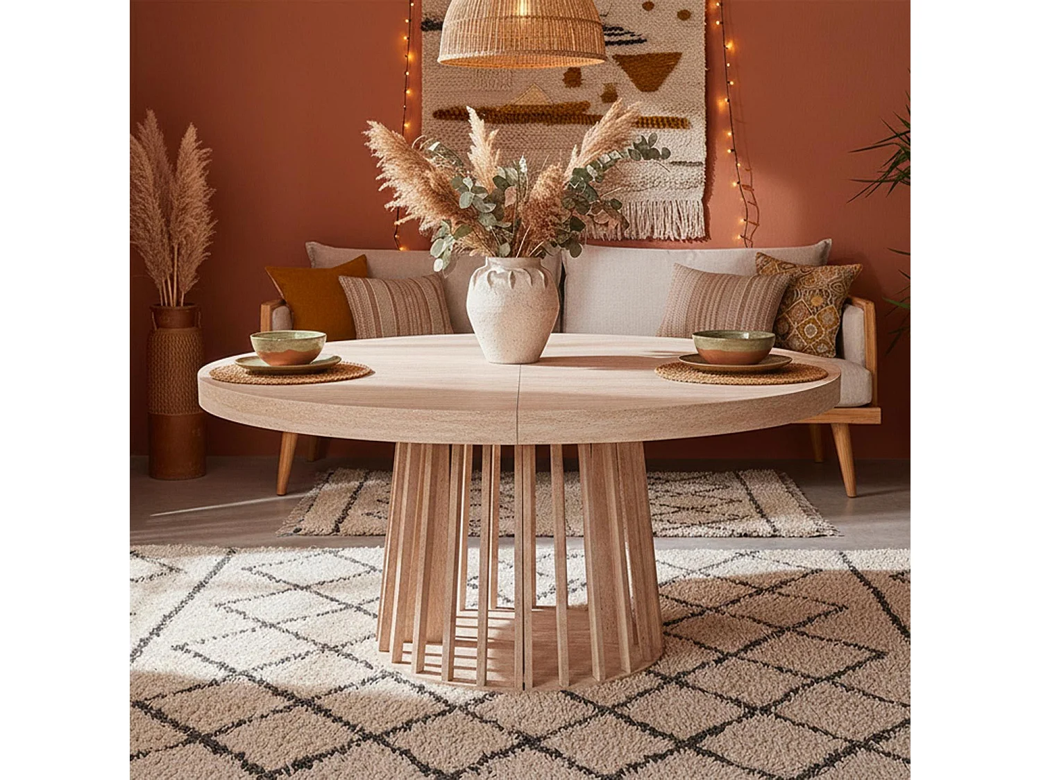 Table ovale extensible 150-300cm Eliza Effet Travertin Beige