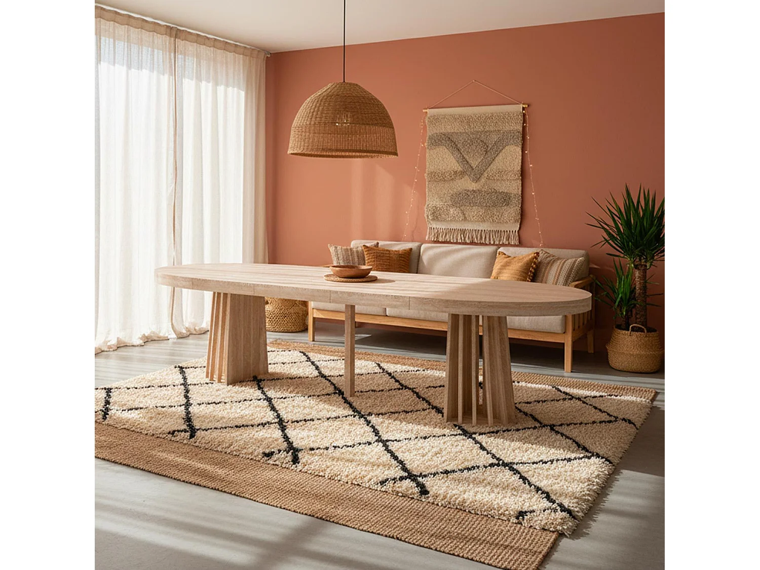 Table ovale extensible 150-300cm Eliza Effet Travertin Beige