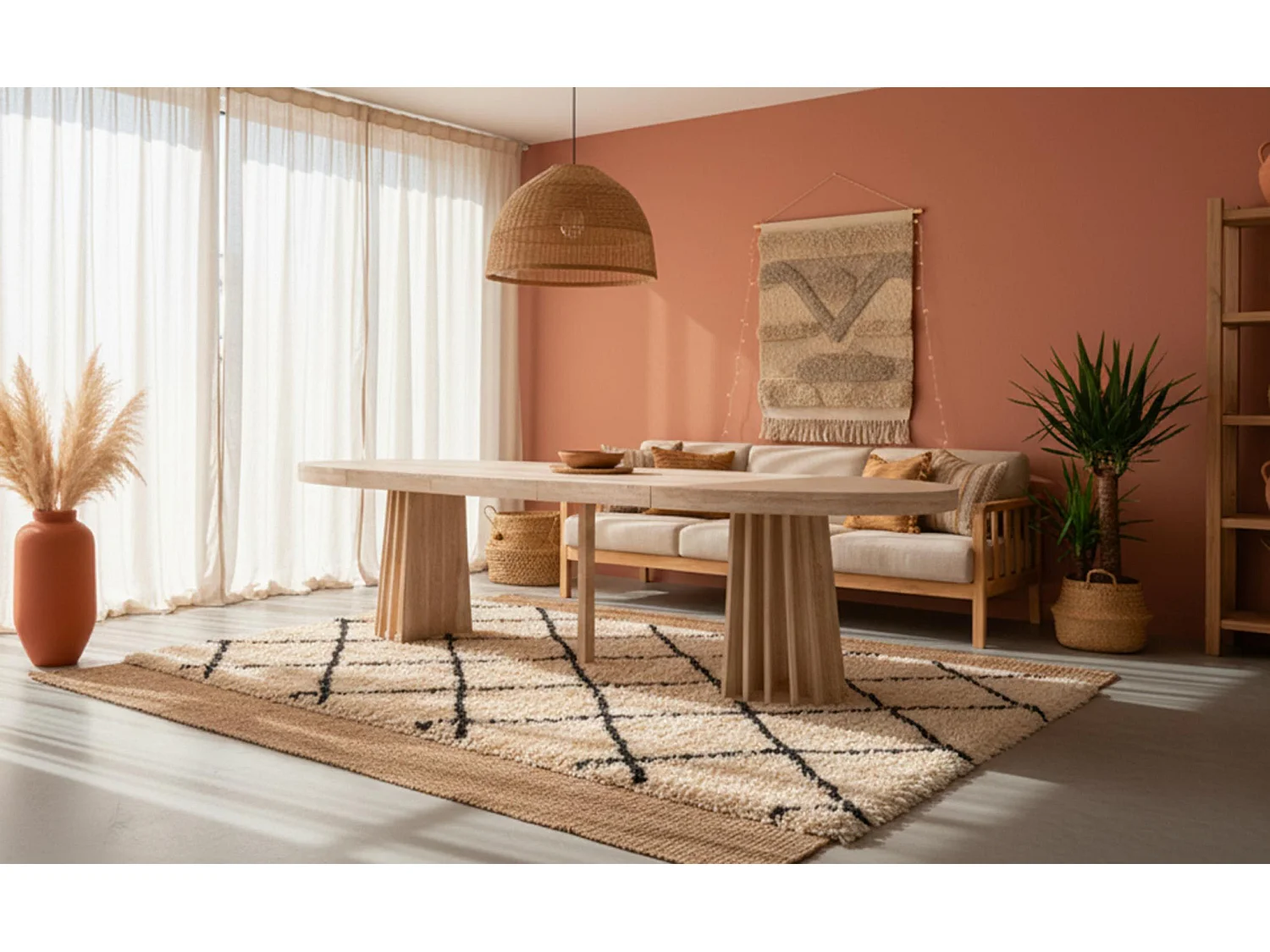 Table ovale extensible 150-300cm Eliza Effet Travertin Beige