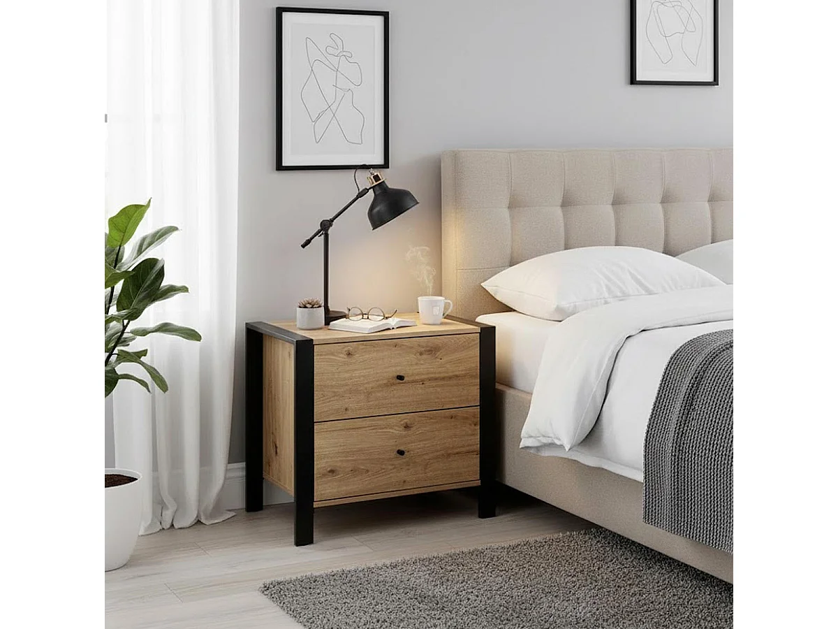 Table de Chevet 2 Tiroirs "Vicky" 60cm Naturel & Noir