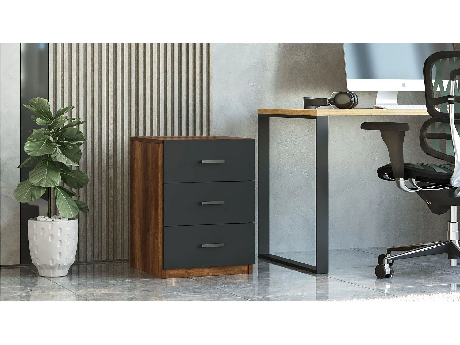Table de chevet Moderne 3 Tiroirs Sylar Chêne foncé et Anthracite
