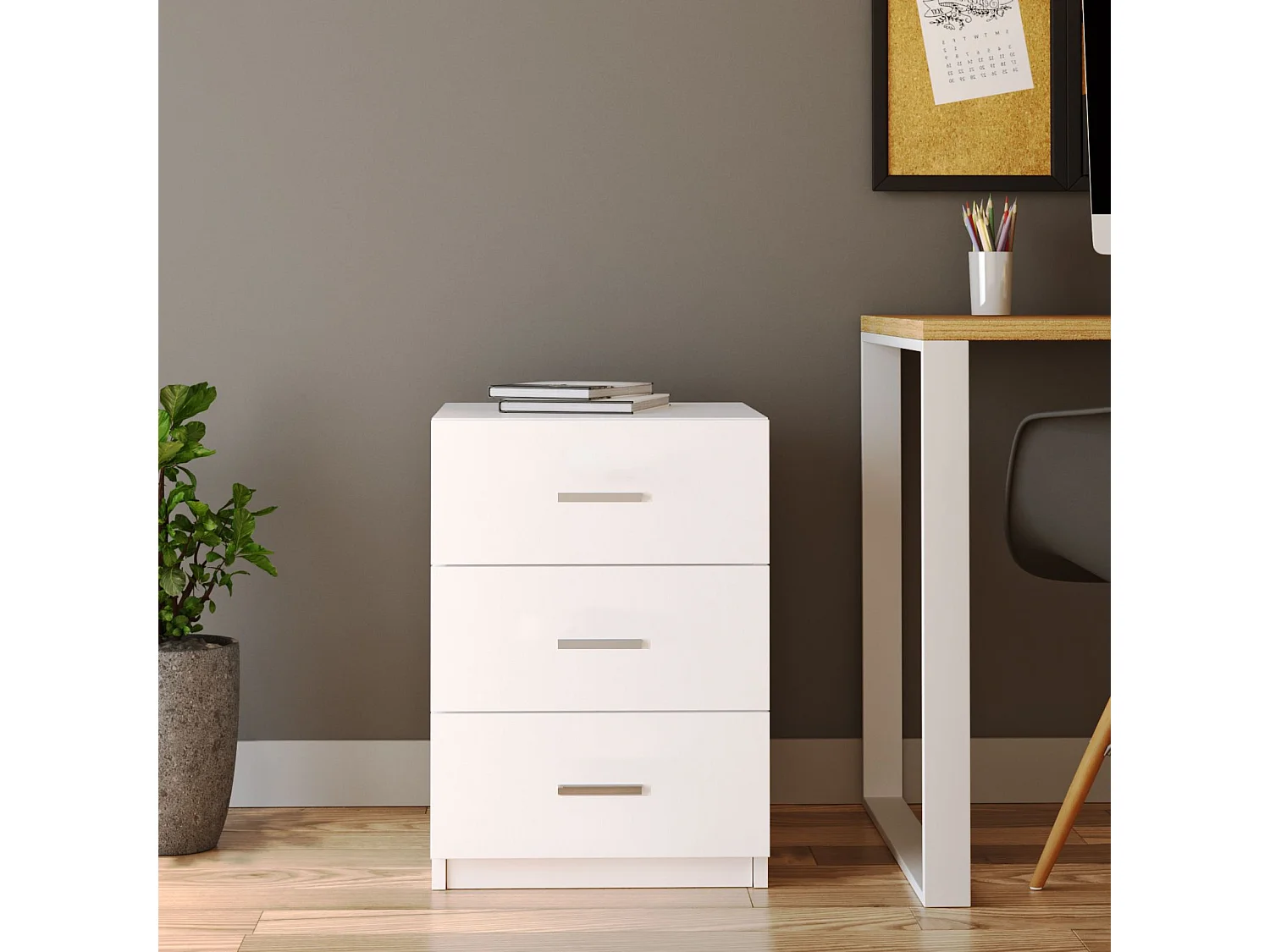 Table de chevet Moderne 3 Tiroirs Sylar Blanc