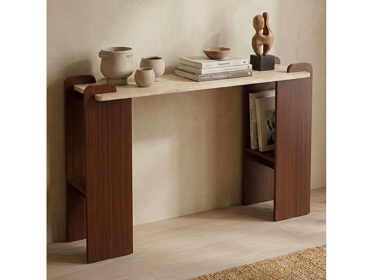 Console au design Art Déco Cezanne 40x120cm Effet travertin Beige et Bois foncé