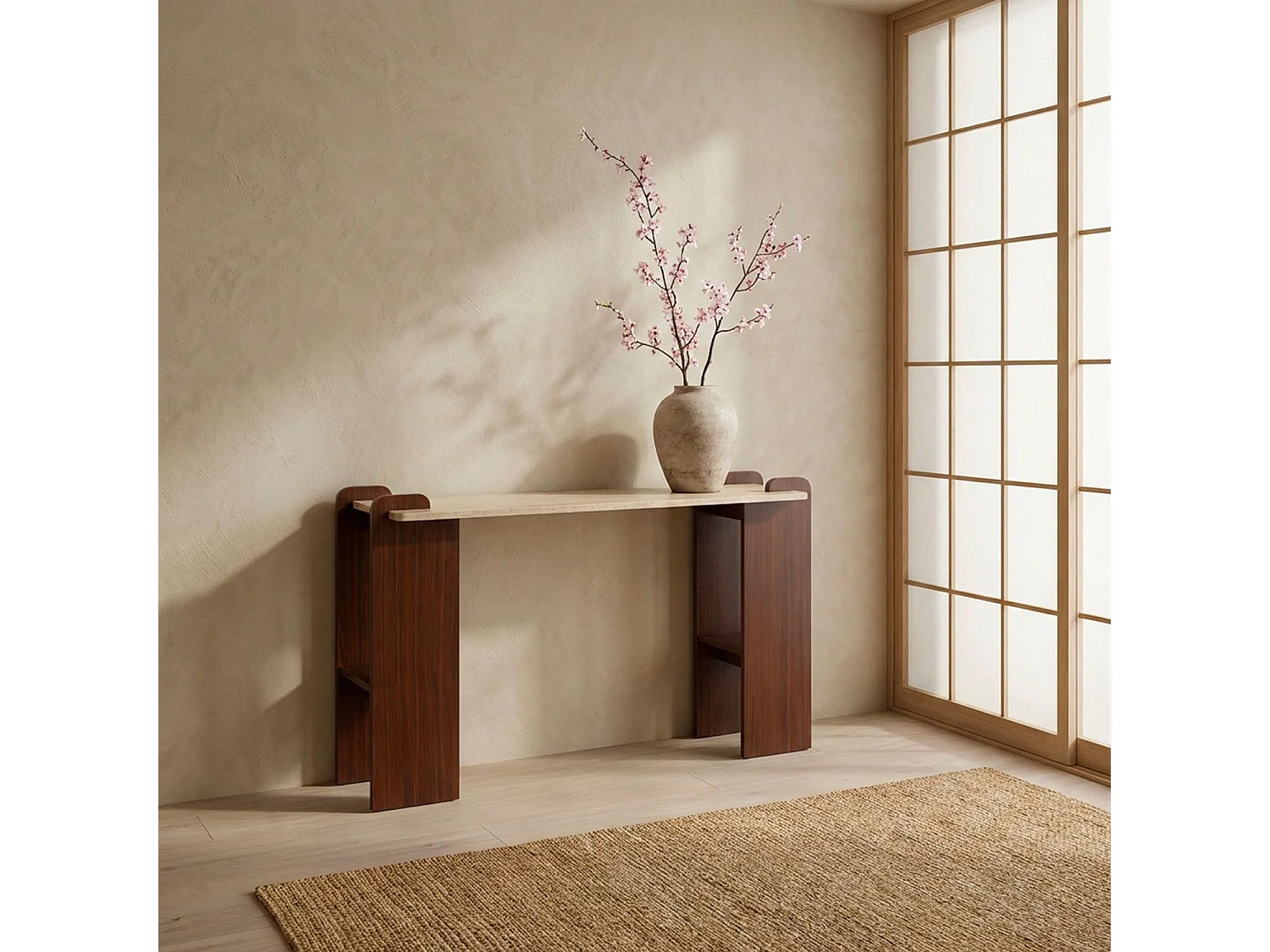 Console au design Art Déco Cezanne 40x120cm Effet travertin Beige et Bois foncé
