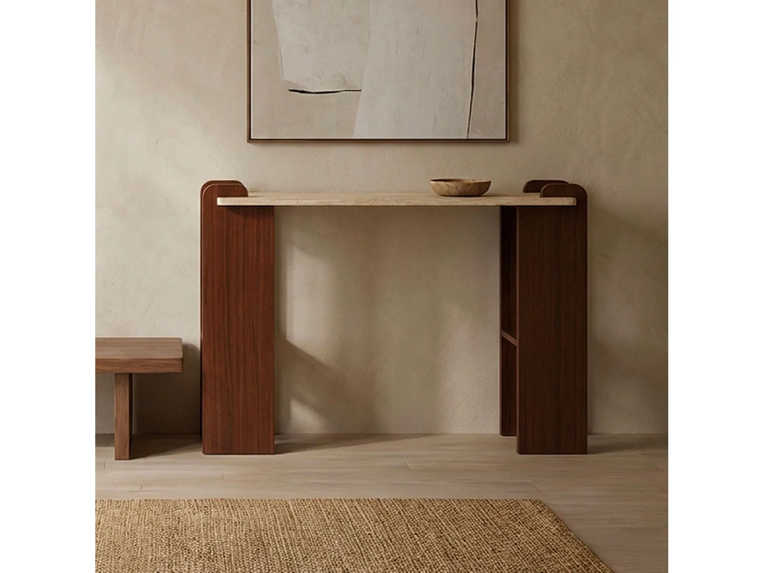 Console au design Art Déco Cezanne 40x120cm Effet travertin Beige et Bois foncé