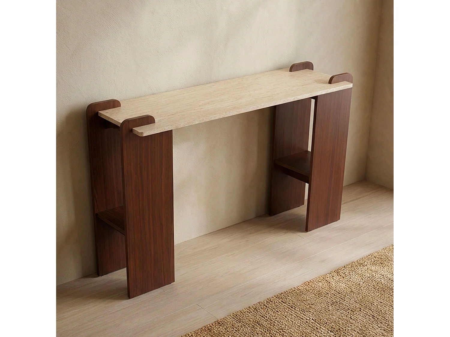 Console au design Art Déco Cezanne 40x120cm Effet travertin Beige et Bois foncé