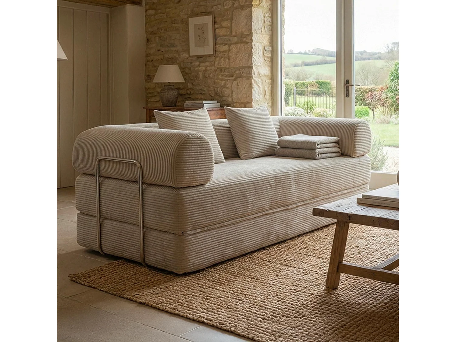Canapé 2 places convertible et modulable Bergerac Velours côtelé Taupe Clair