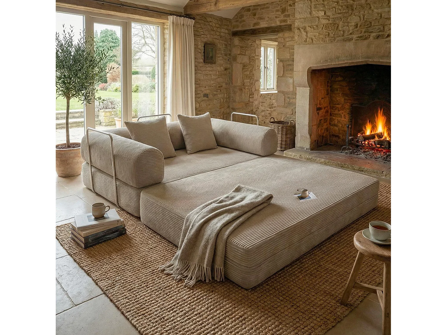 Canapé 2 places convertible et modulable Bergerac Velours côtelé Taupe Clair