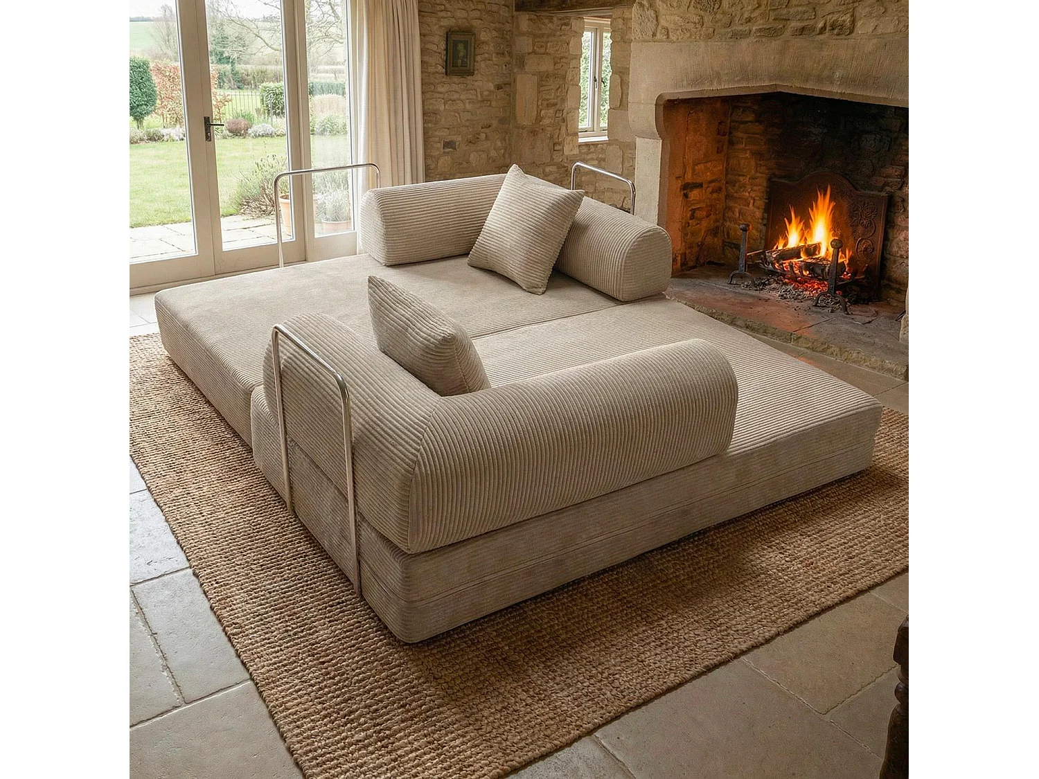 Canapé 2 places convertible et modulable Bergerac Velours côtelé Taupe Clair