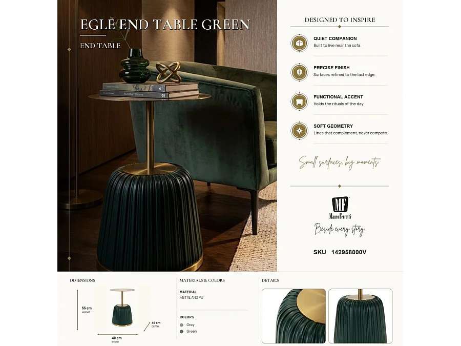 Beistelltisch aus goldfarbenem Metall und plissiertem Kunstleder grün Ø 40x55 cm