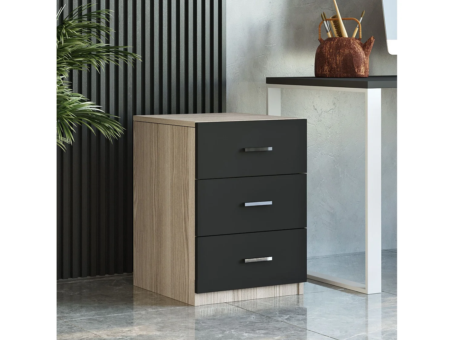 Table de chevet Moderne 3 Tiroirs Sylar Chêne et Noir