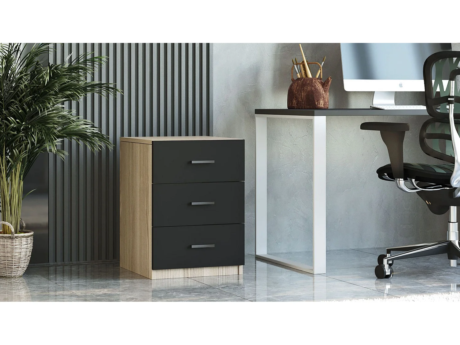 Table de chevet Moderne 3 Tiroirs Sylar Chêne et Noir