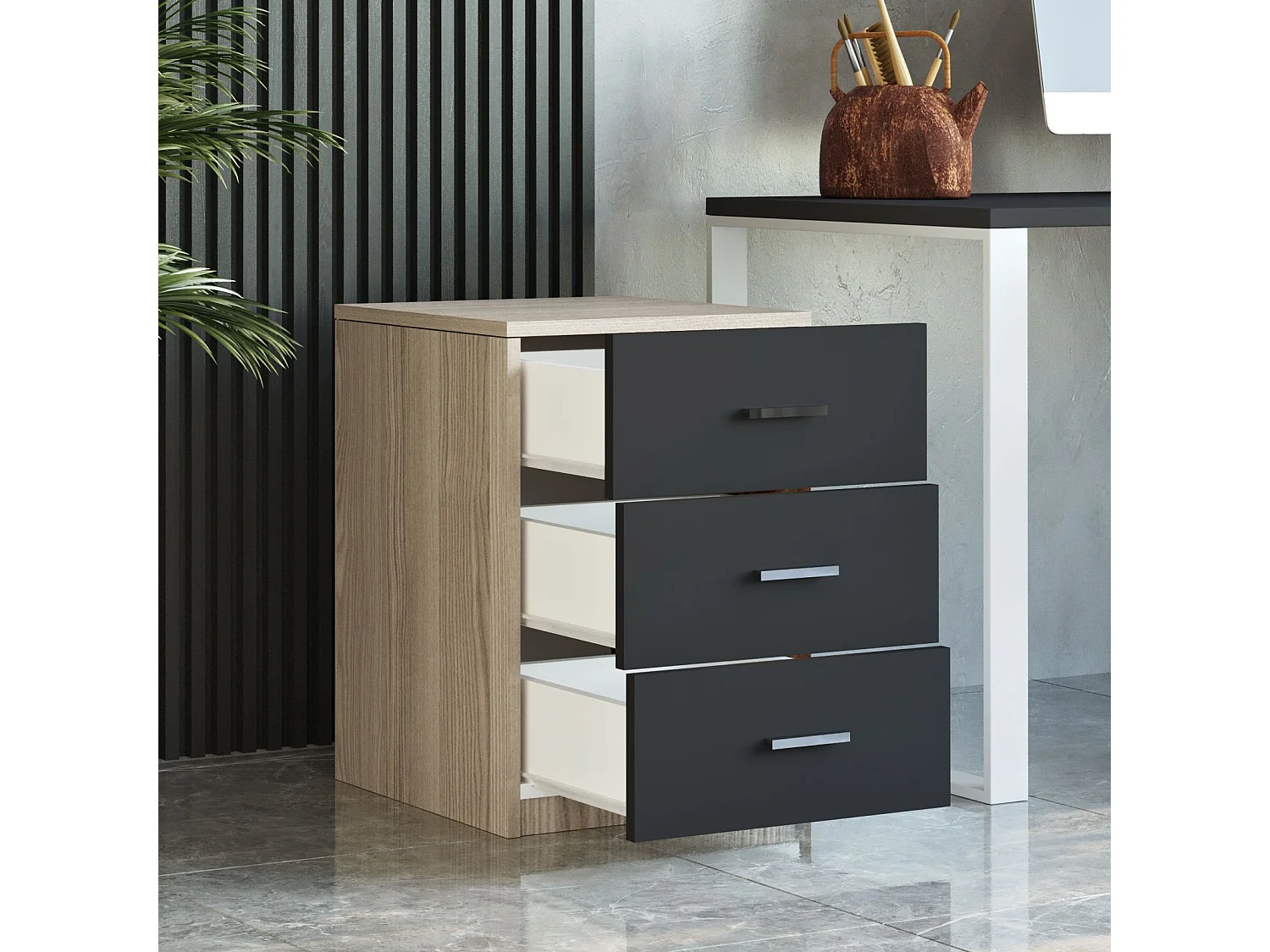 Table de chevet Moderne 3 Tiroirs Sylar Chêne et Noir